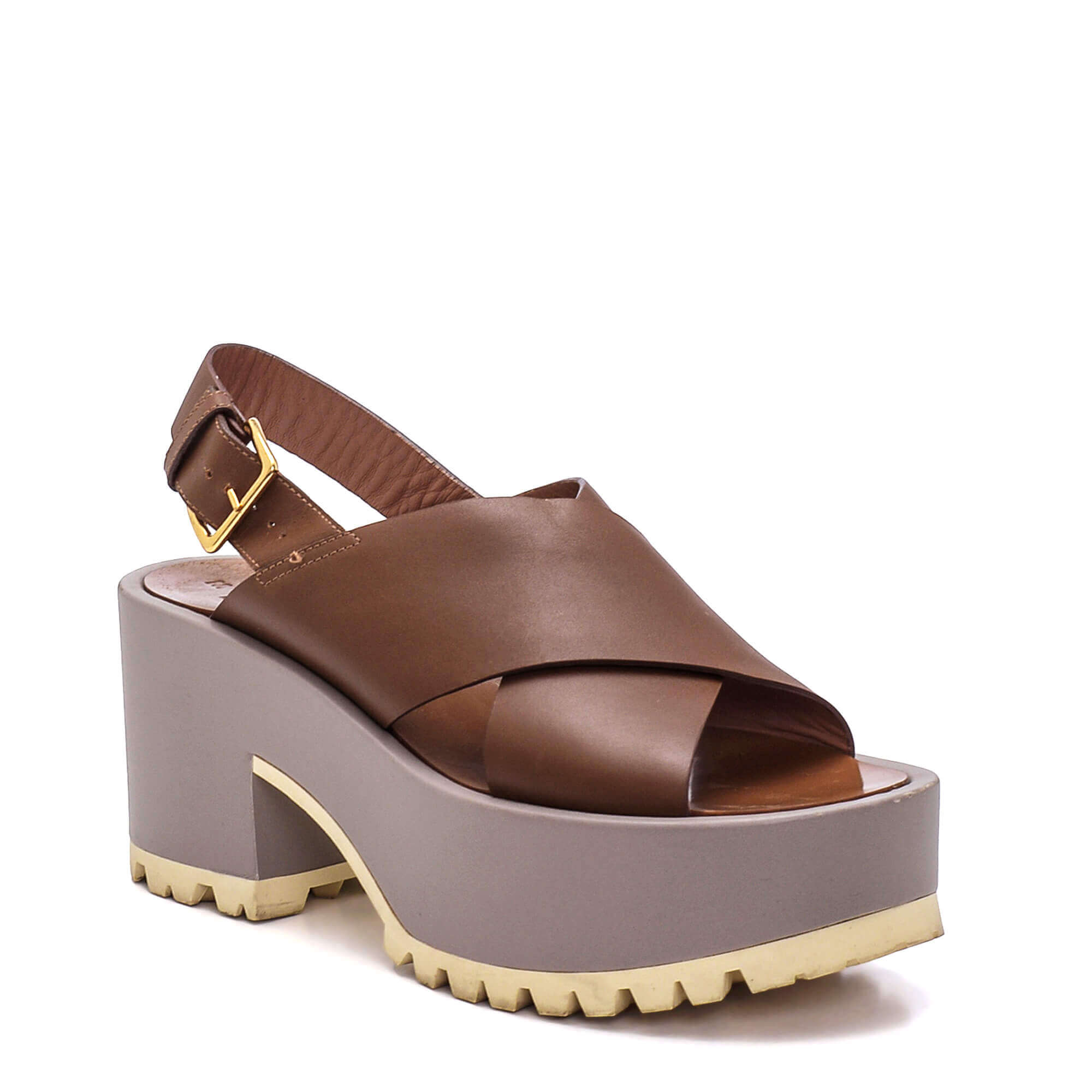 Marni - Brown & Grey Leather Cross Strap Platform Sandals